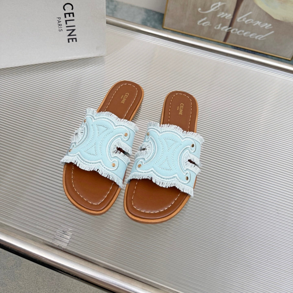 Celine 26s Triomphe Slide Sandals Sky Blue Canvas 514279