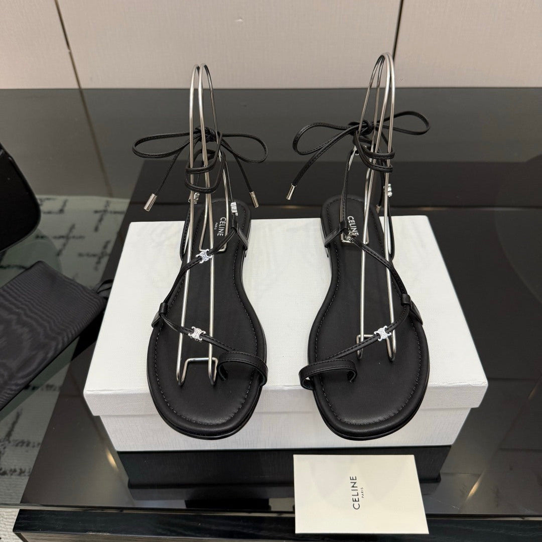 Celine 26s Triomphe Lace Up Flat Sandals Black Calfskin 852936