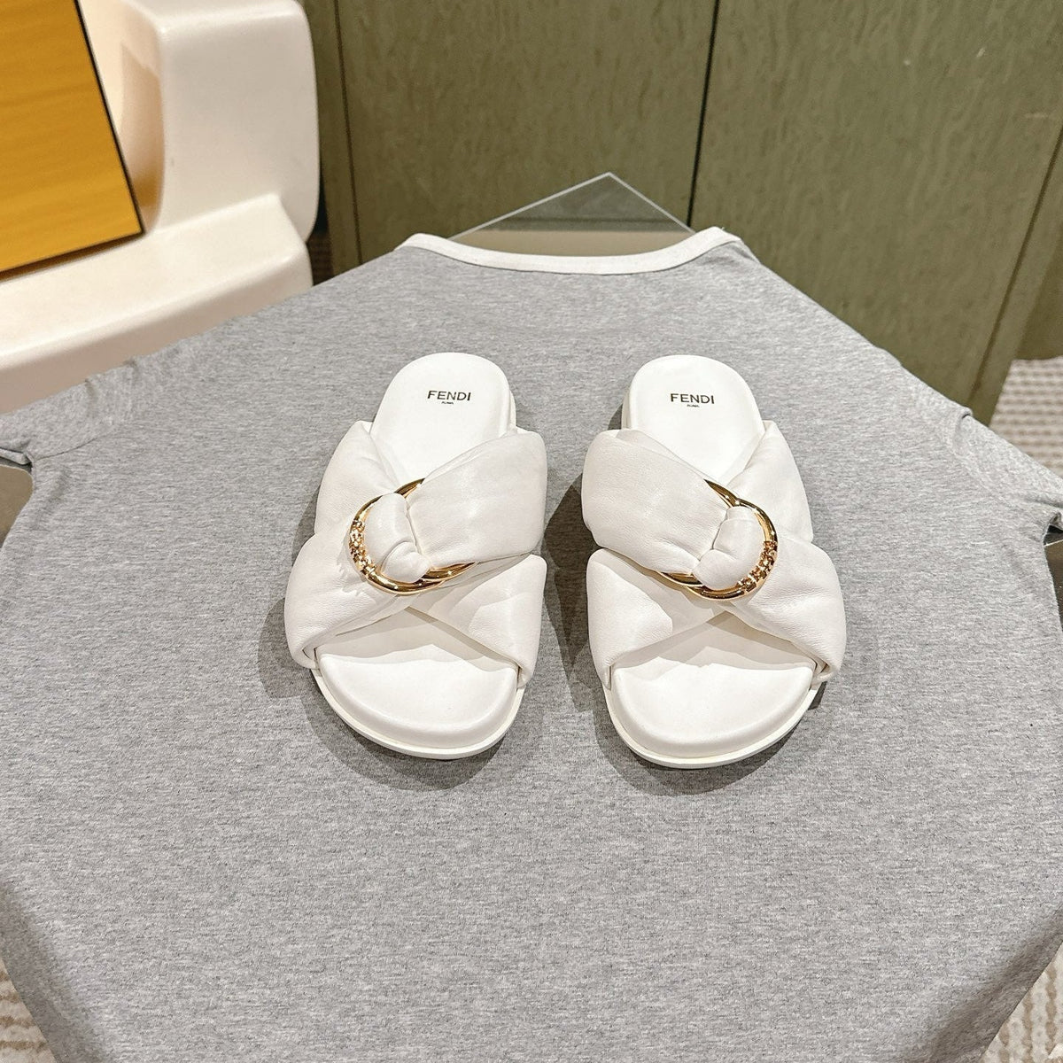 Fendi 26S Wide Cross-Strap Sandals White Lambskin