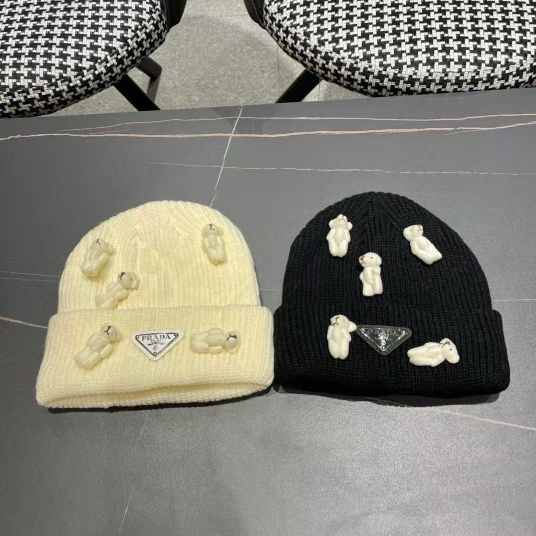 Prad 26FW Double-Layer Knit Beanie Bear Design Knitted Wool 552005