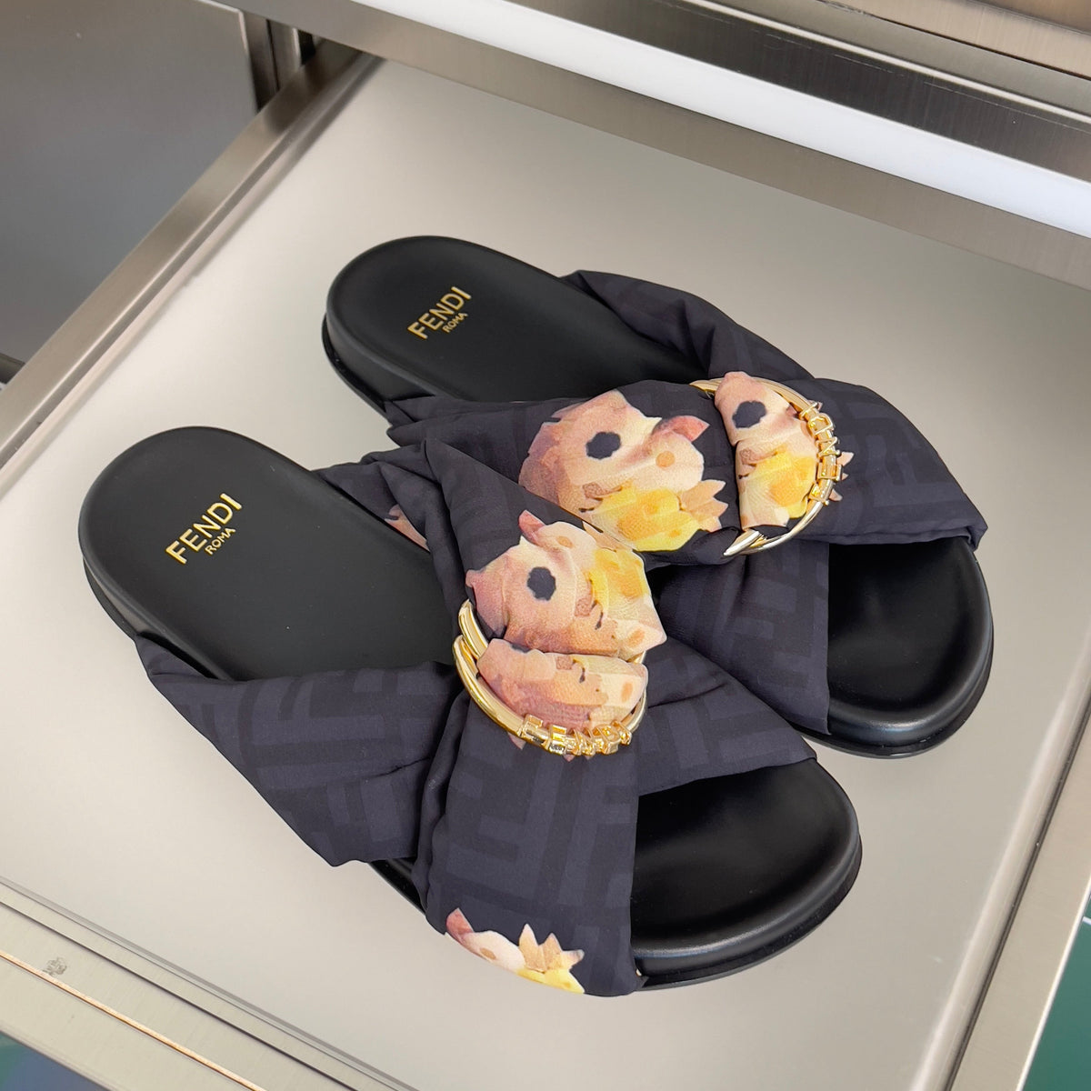 Fendi 26S Patterned Cross-Strap Slide Sandals Black Fabric