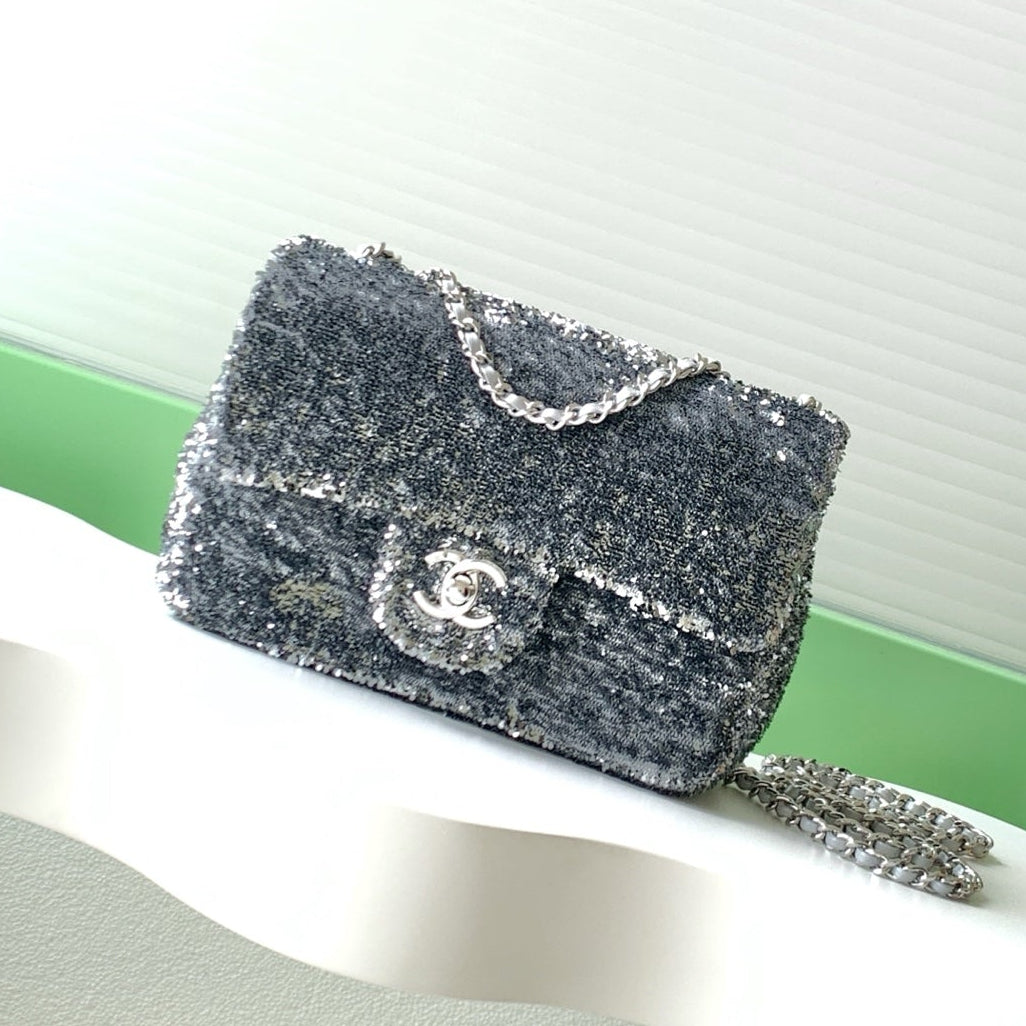 Chanel 2026 Sequin Mini Rectangular Flap Bag 21cm Fabric Leather