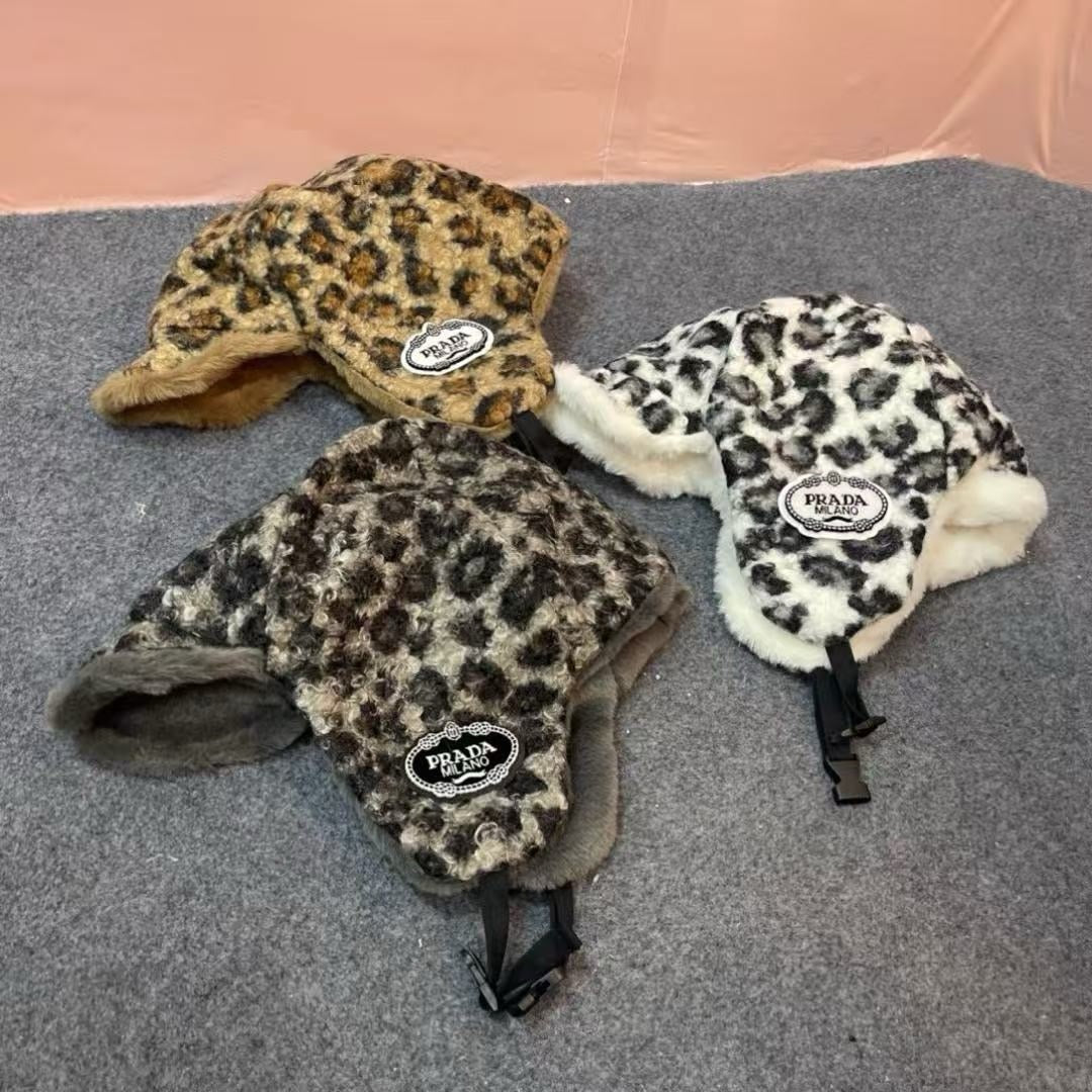 Prad 26FW Leopard Print Faux Fur Trapper Hat Ear Flaps Logo Patch