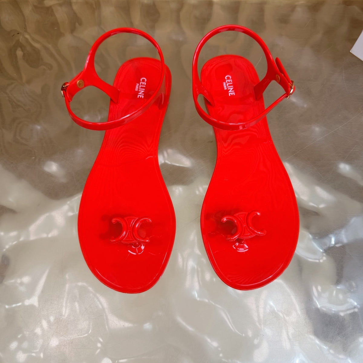 Celine 26s Triomphe Jelly Thong Sandals Bright Red TPU Gold Hardware 742519