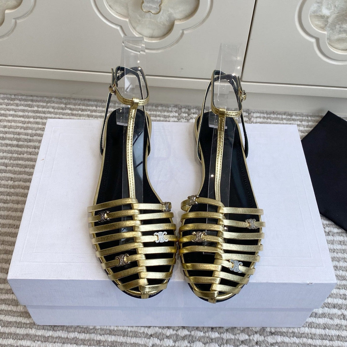 Celine 26s Clea Triomphe Gladiator Sandals Gold Lambskin 629148