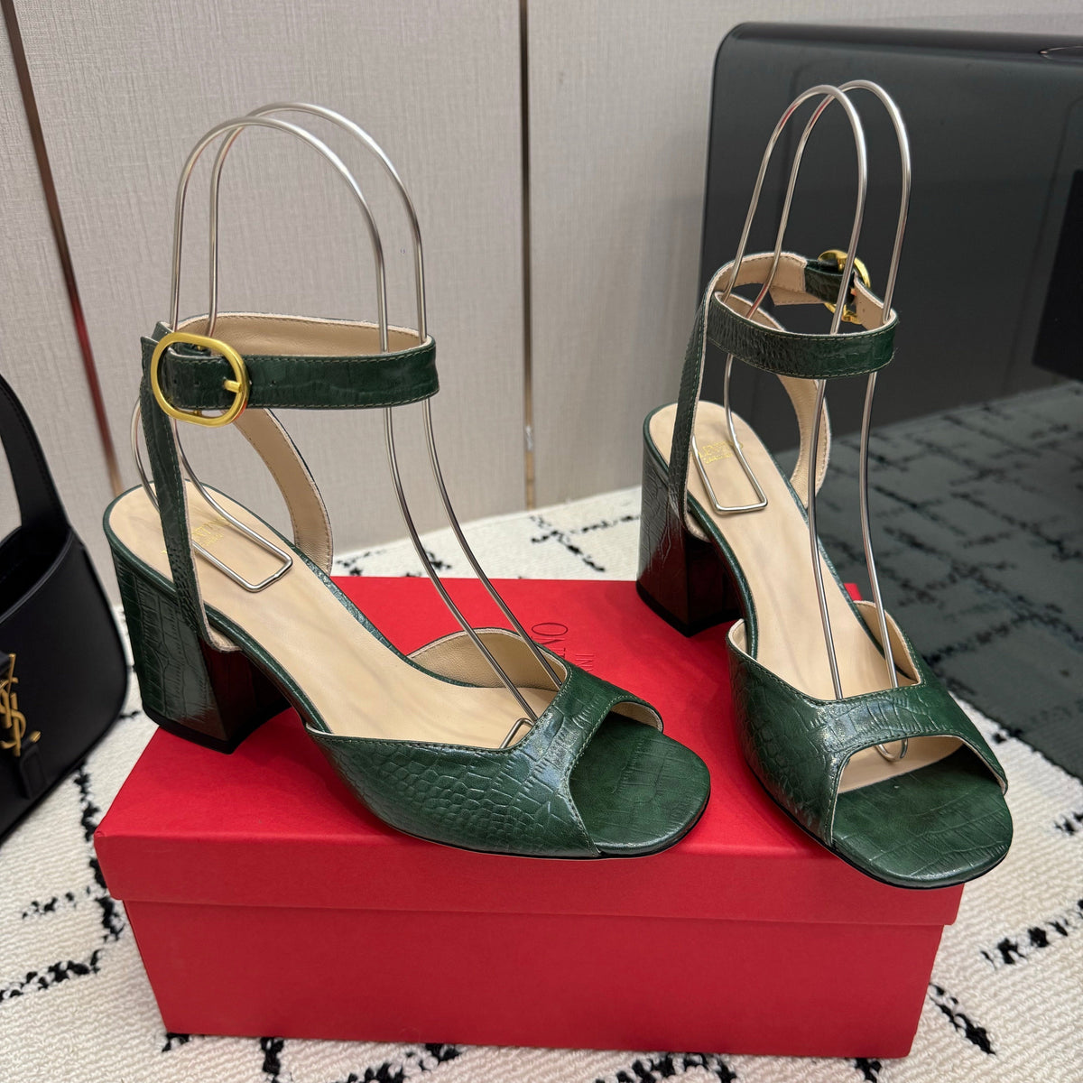 Valentino 26S Square Toe Ankle Strap Sandals In Dark Green Croc-Embossed Leather