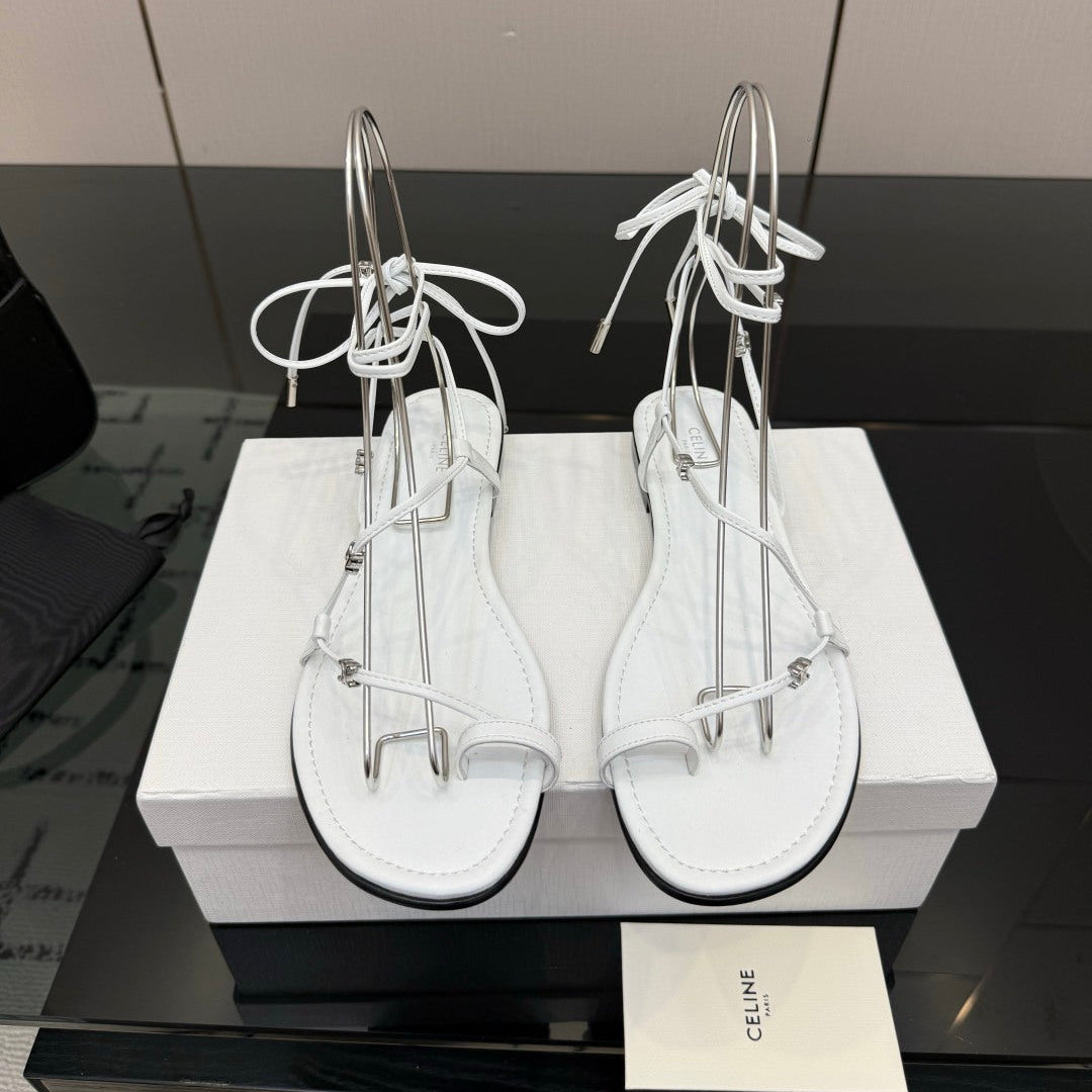 Celine 26s Triomphe Lace Up Flat Sandals White Calfskin 291483