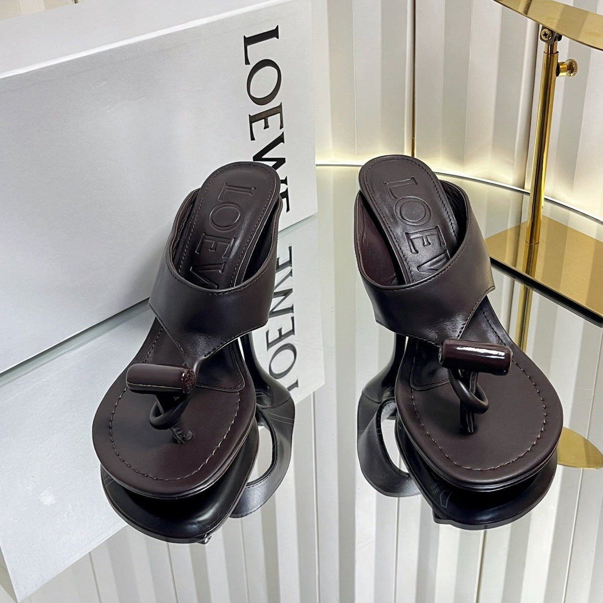 Loewe 26S Heeled Thong Sandals 90 mm In Dark Brown Calfskin