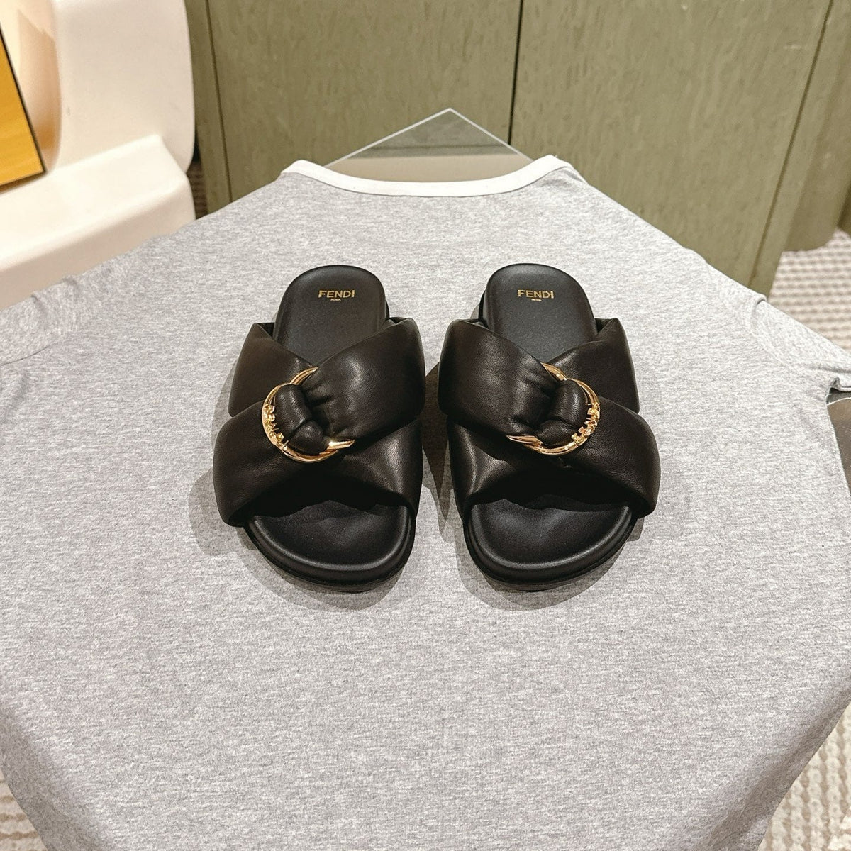 Fendi 26S Wide Cross-Strap Sandals Black Lambskin