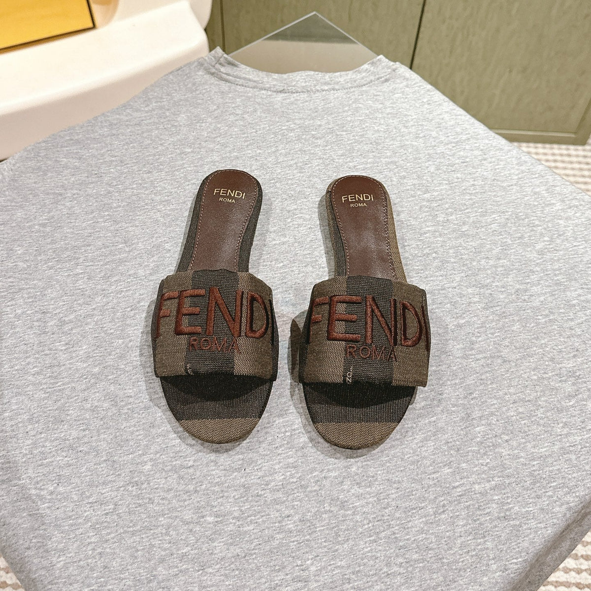 Fendi 26S Slide Sandals Khaki & Dark Brown Canvas