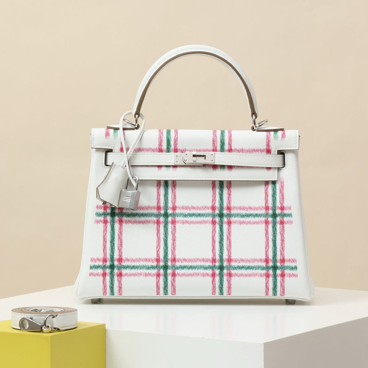 High-end Hermes 2026 Retourne Tartan Kelly Bag 25cm Swift Calfskin