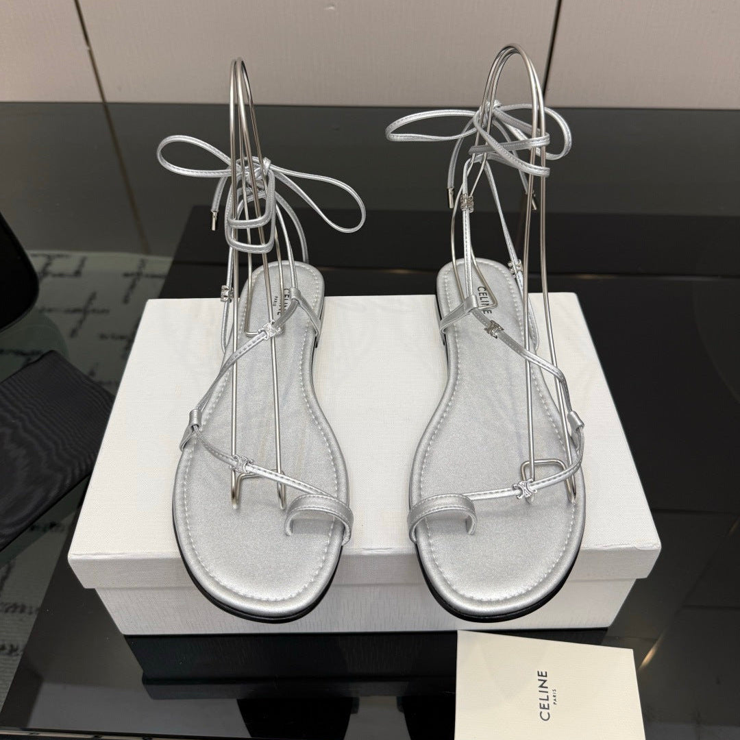 Celine 26s Triomphe Lace Up Flat Sandals Silver Calfskin 417392