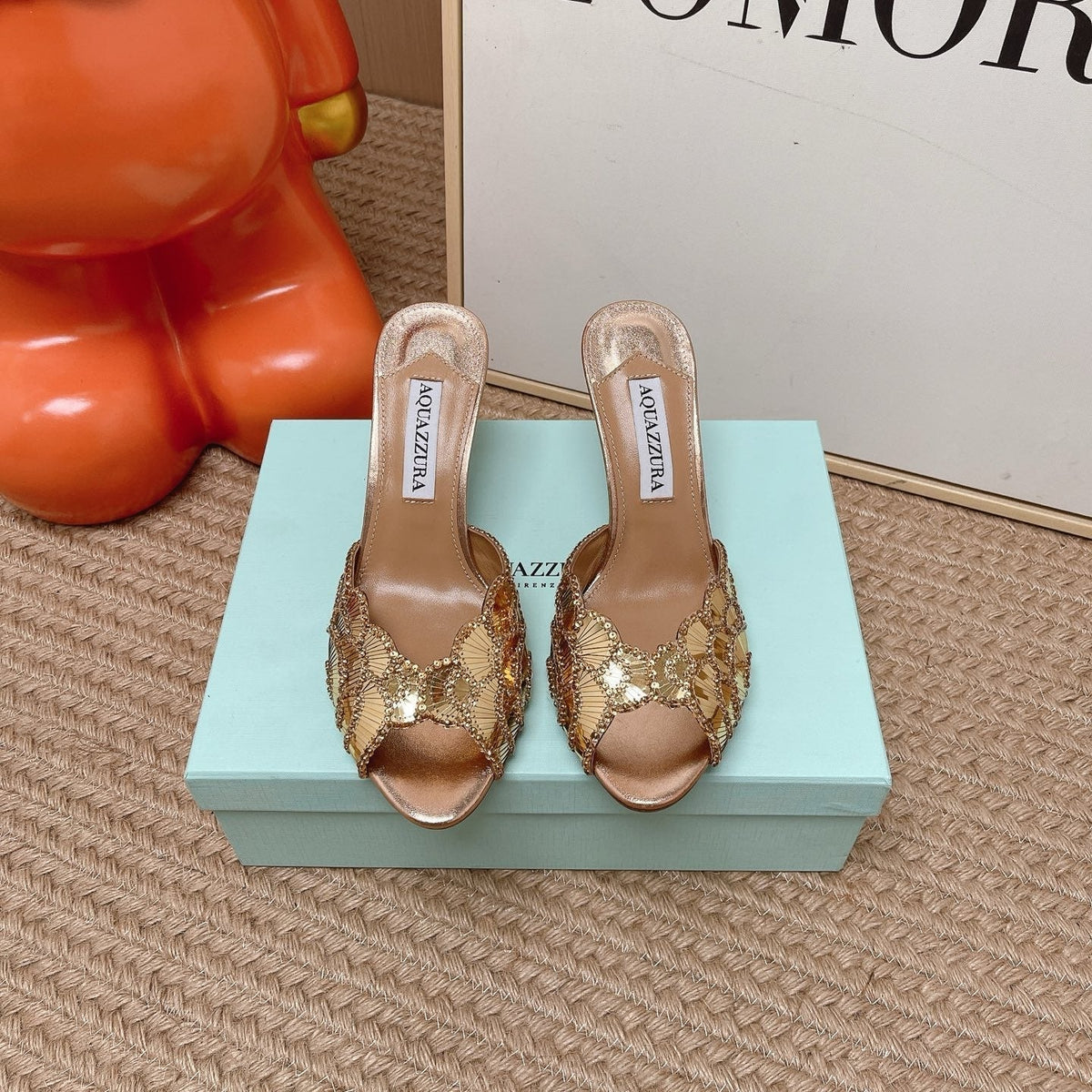 Aquazzura 26S Gatsby Mules 10.5cm Light Gold Sequined