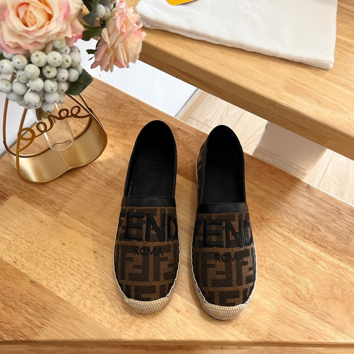 Fendi 26S Espadrille Loafers Dark Brown And Black Canvas Style 1