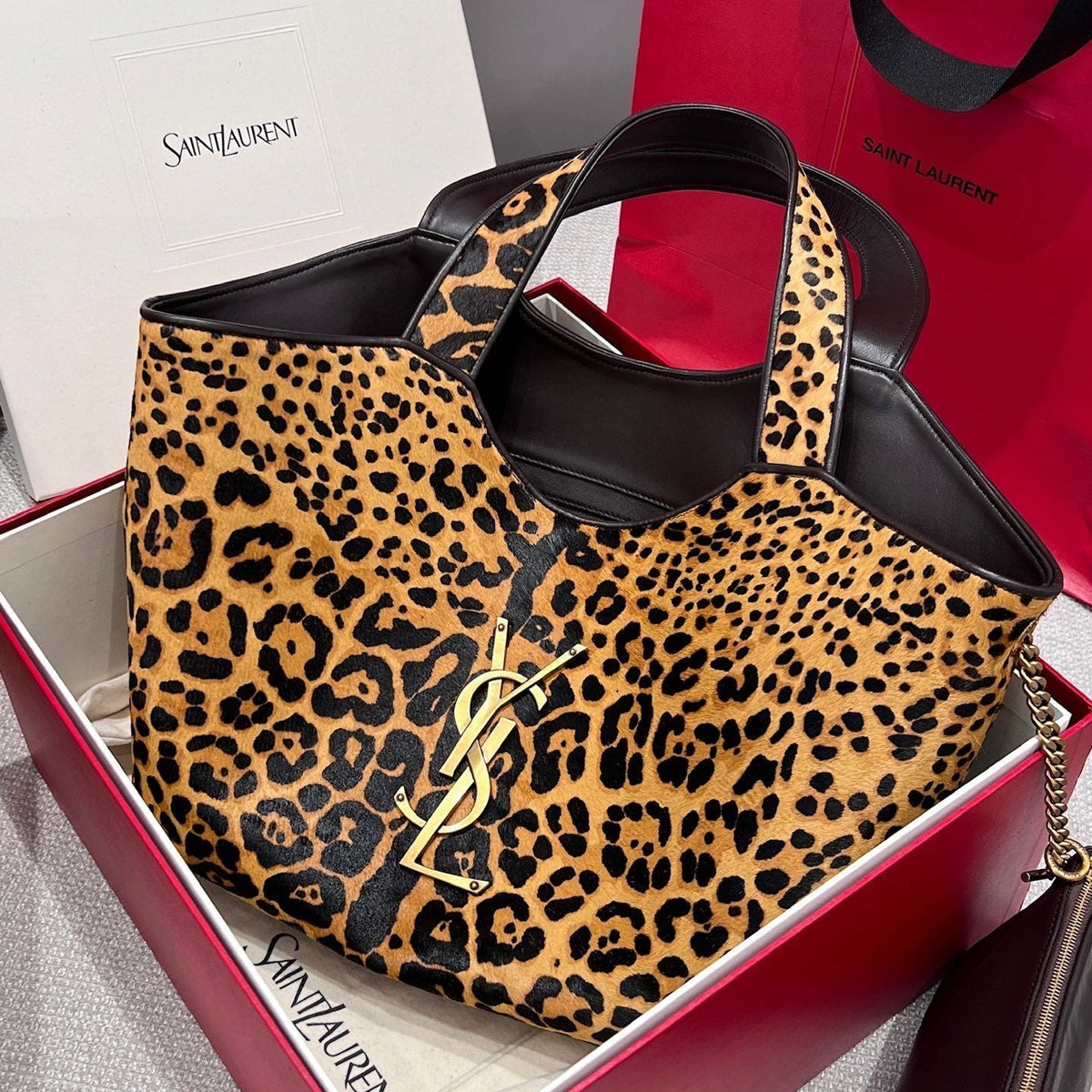 YSL 2026 Leopard Print Icare Tote Bag 46cm Horsehair Leather