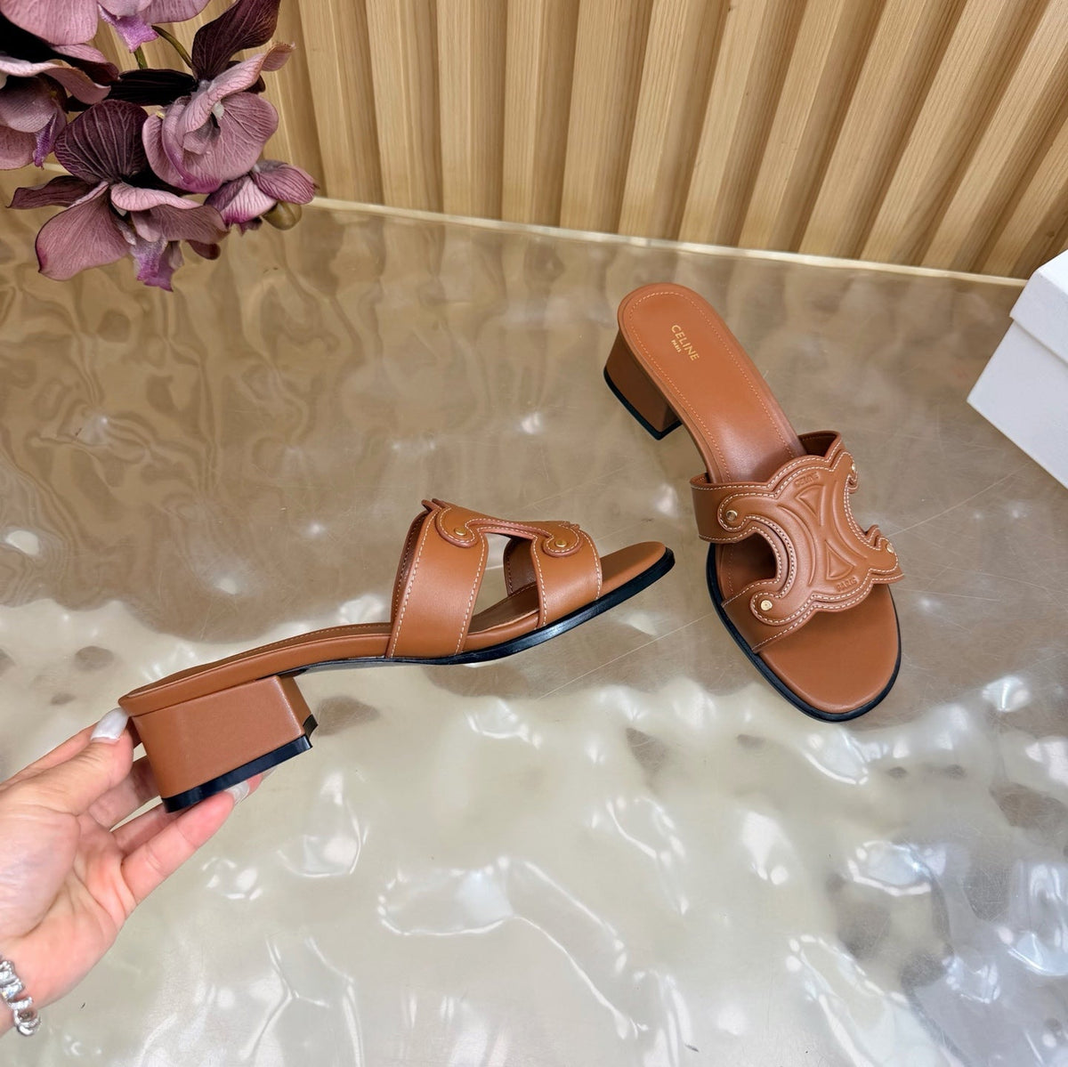 Celine 26s Triomphe Block Heel Mules In Cognac Brown Calfskin