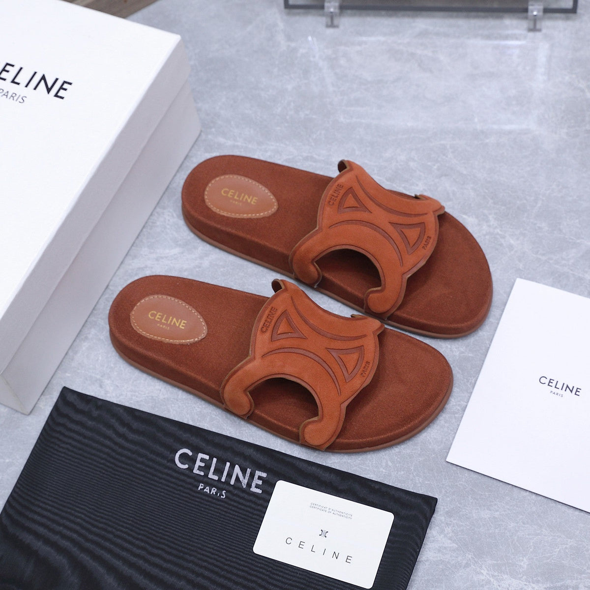 Celine 26s Triomphe Slides Cognac Brown Suede 915403