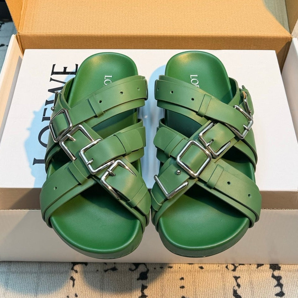 Loewe 2026 Cross-Strap Buckle Flat Sandals Suede Leather 116226