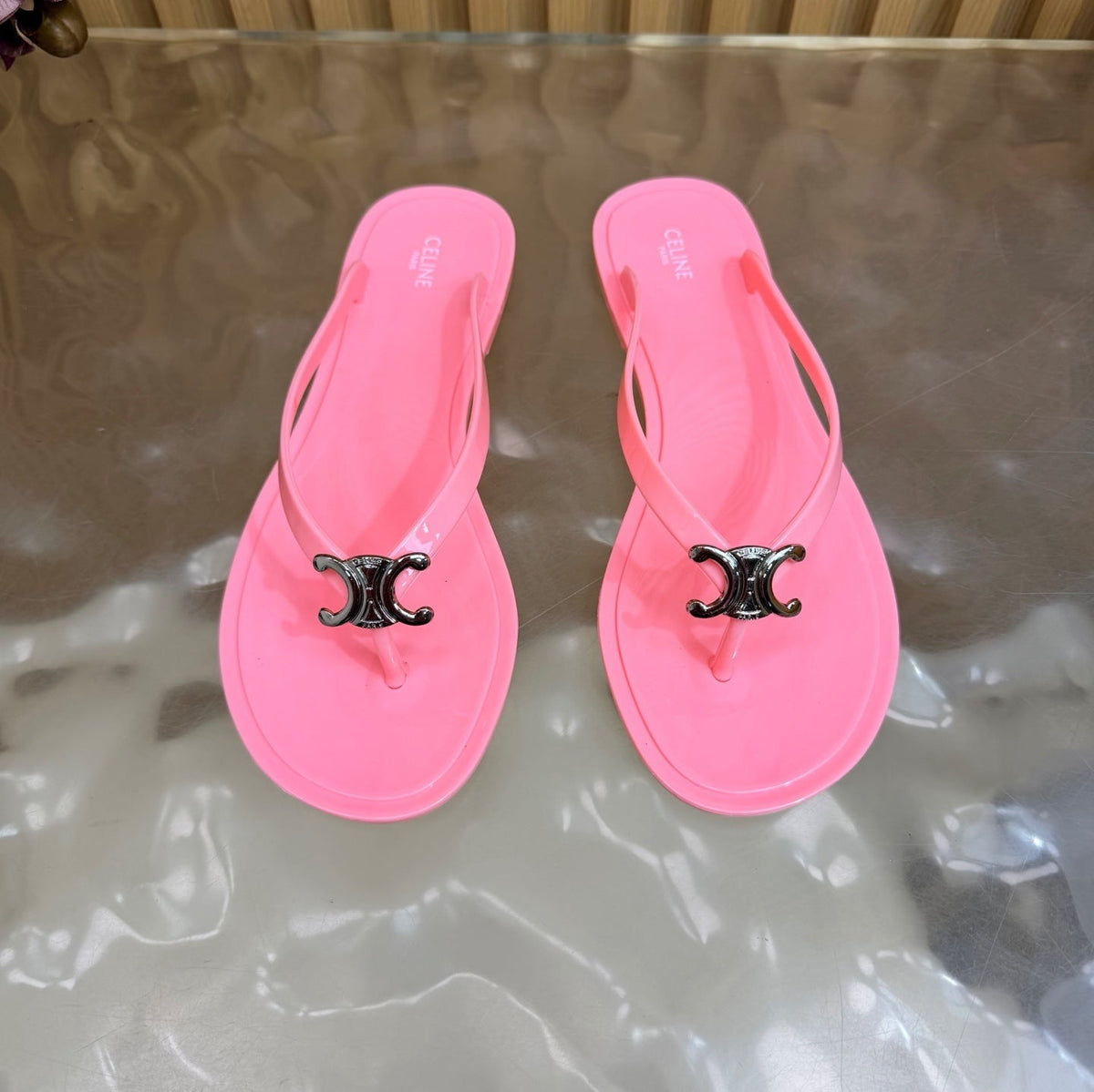 Celine 26s Triomphe Thong Sandals Pink TPU Silver Hardware 158392