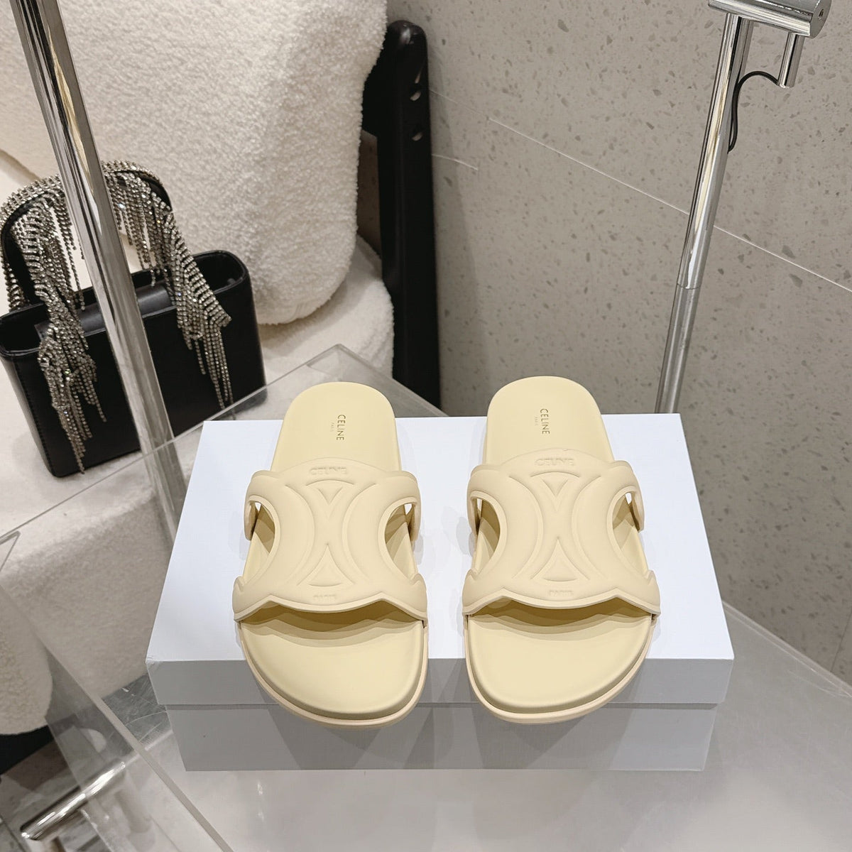 Celine 26s Triomphe Slides Pastel Yellow Calfskin 538194