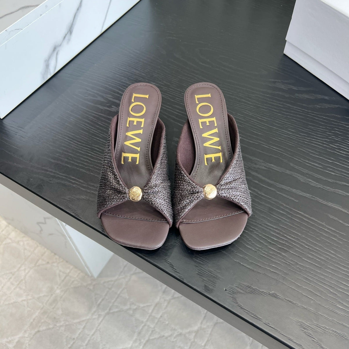 Loewe 26S High-Heel Sandals 45 mm In Dark Brown Raffia And Lambskin