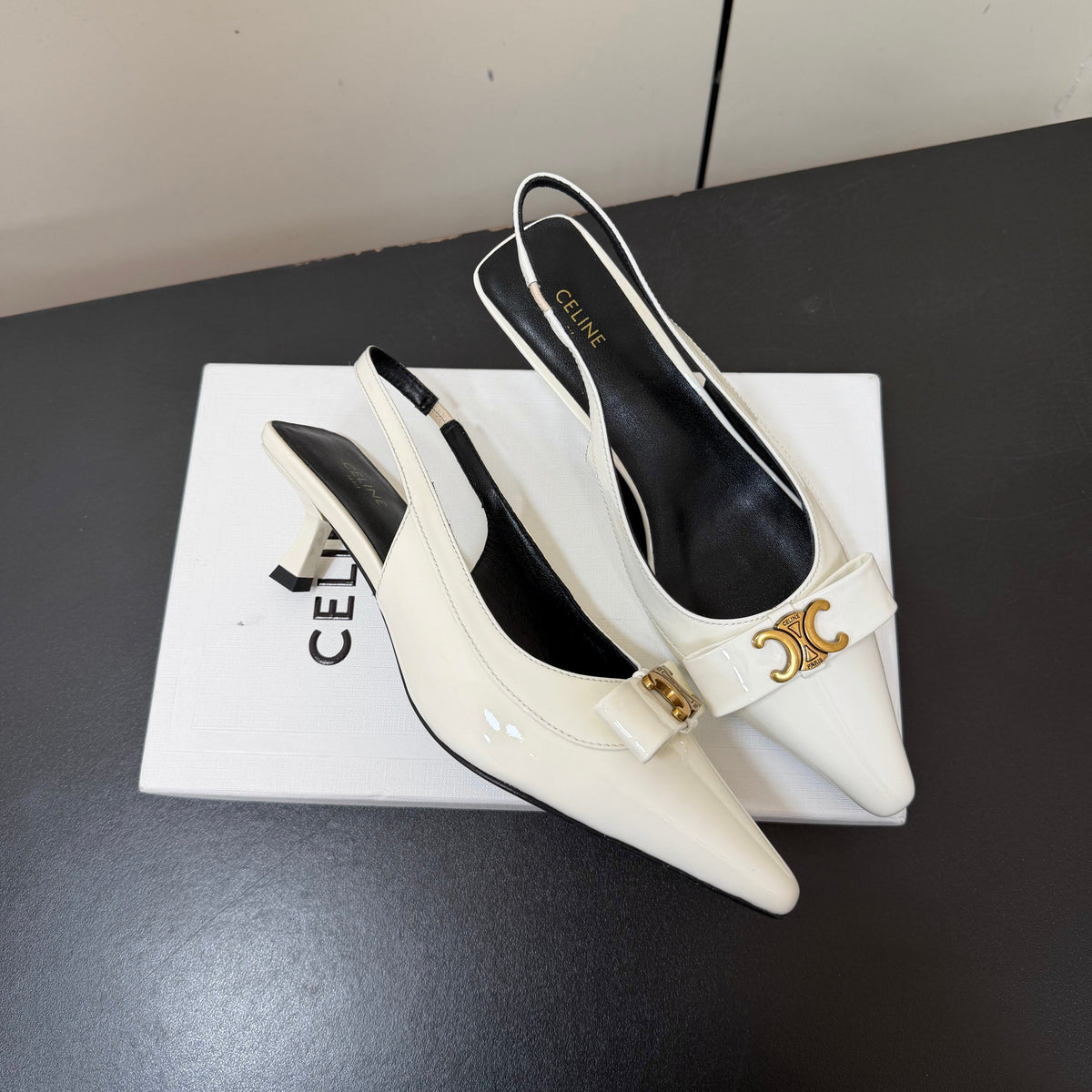 Celine 26s Triomphe Slingback Pumps In White Patent Calfskin Gold Hardware