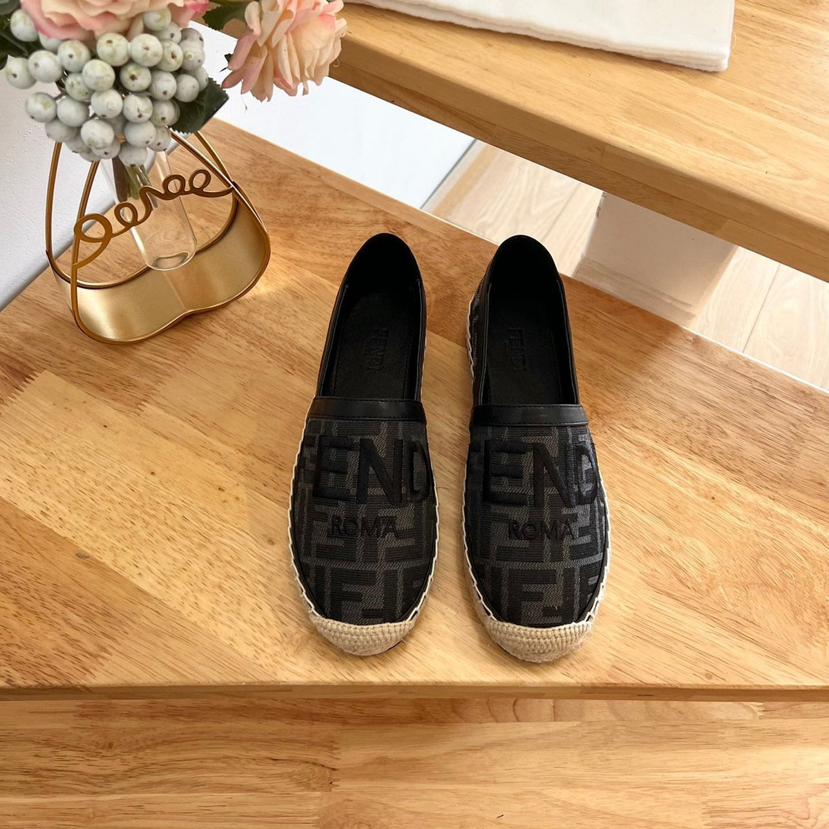 Fendi 26S Espadrille Loafers Black Canvas Style 3