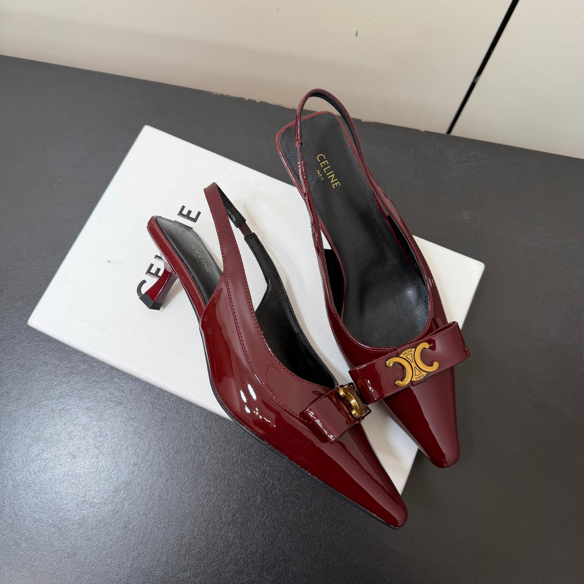 Celine 26s Triomphe Slingback Pumps In Burgundy Red Patent Calfskin Gold Hardware