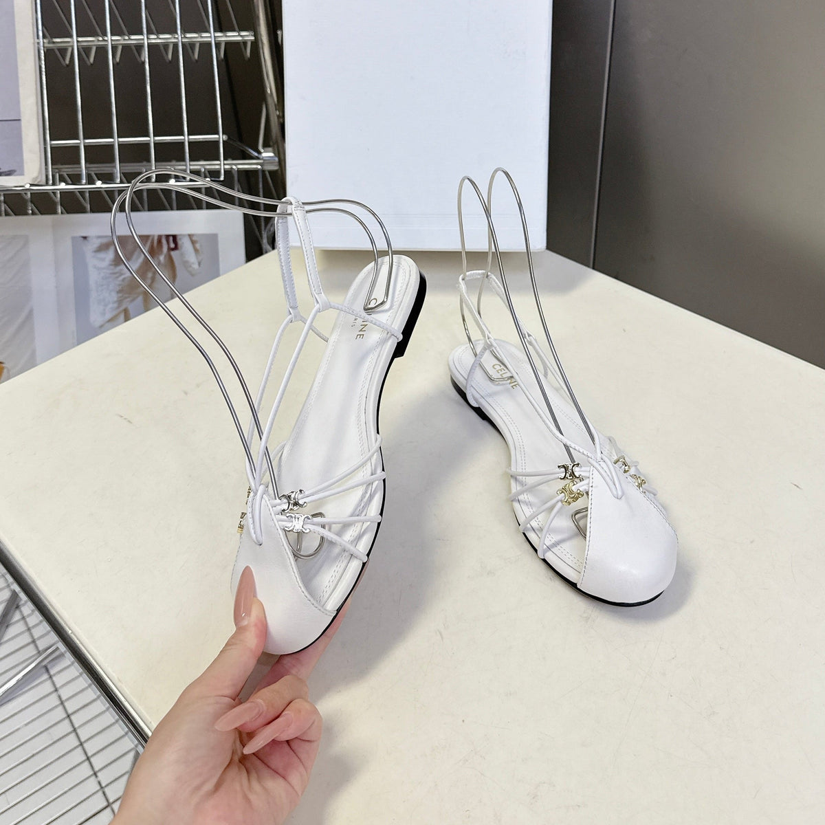 Celine 26s Triomphe Lace Up Ankle Strap Flat Sandals White Calfskin 851392