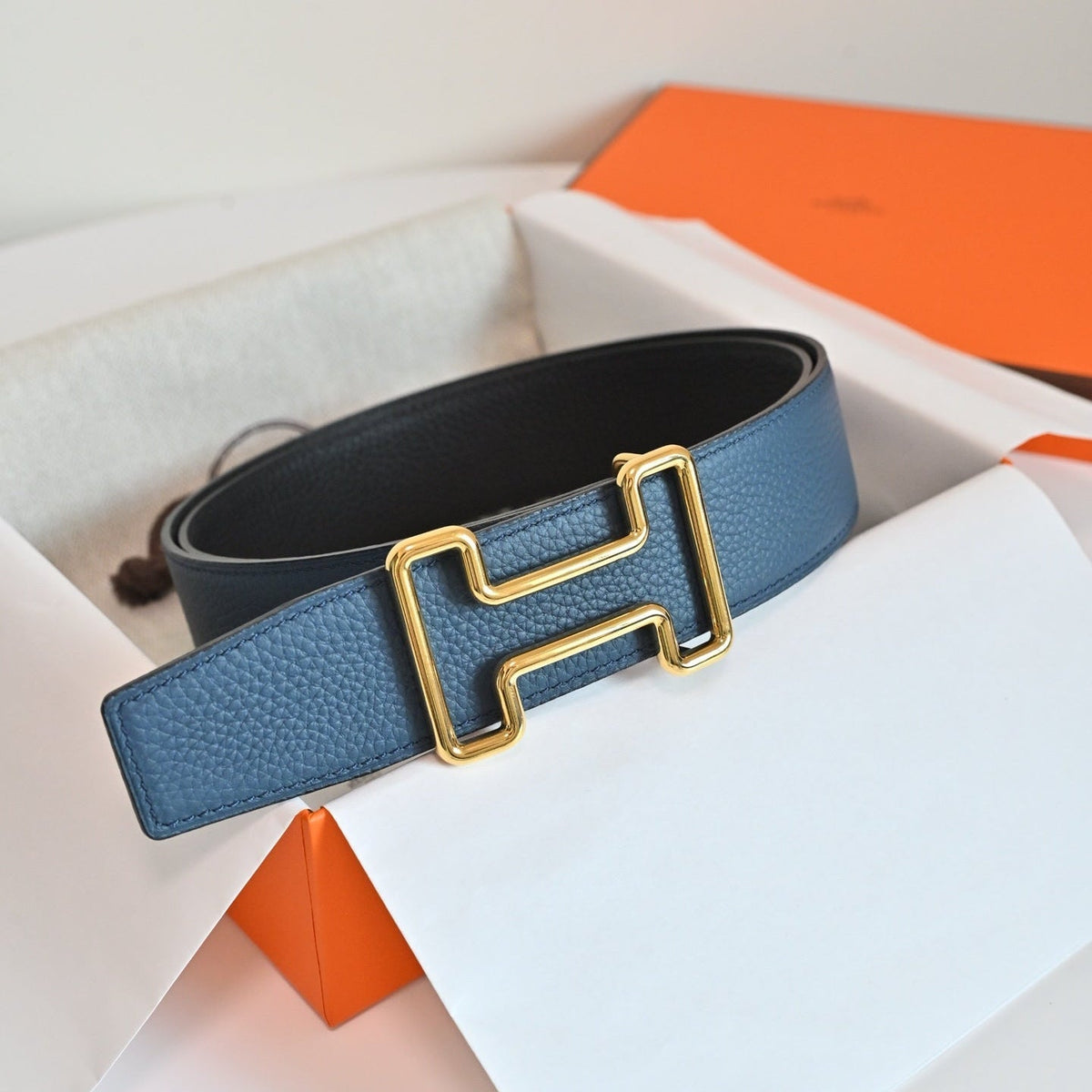 HM 26FW Reversible H Belt 3.8cm Black Rain Cloud Gray Grained Leather 220417
