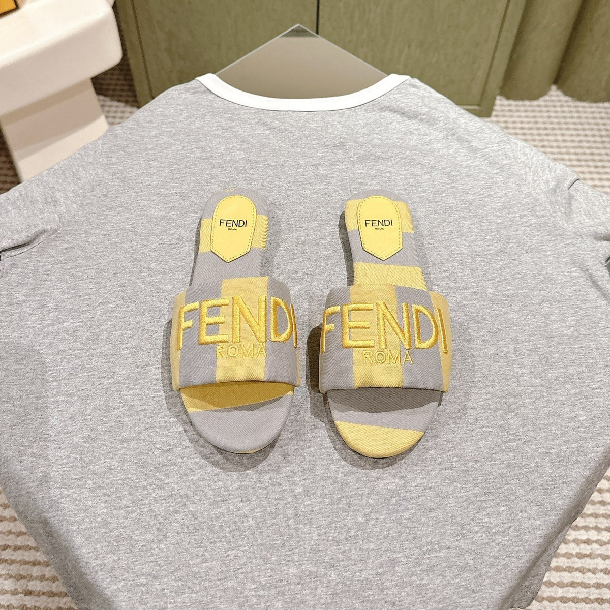 Fendi 26S Slide Sandals Yellow And Grey Canvas