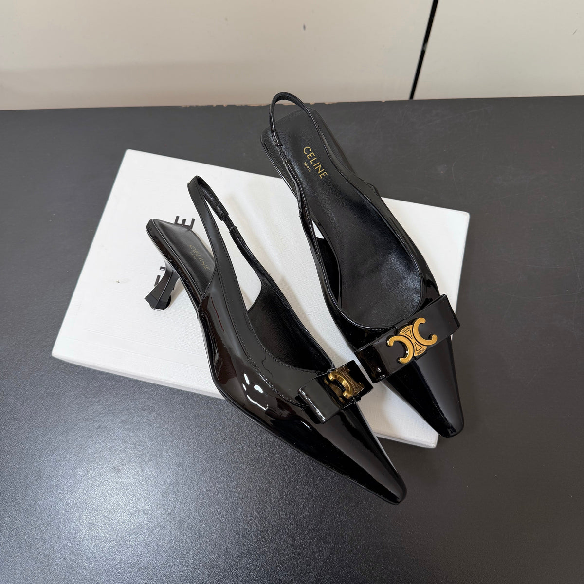 Celine 26s Triomphe Slingback Pumps In Black Patent Calfskin Gold Hardware