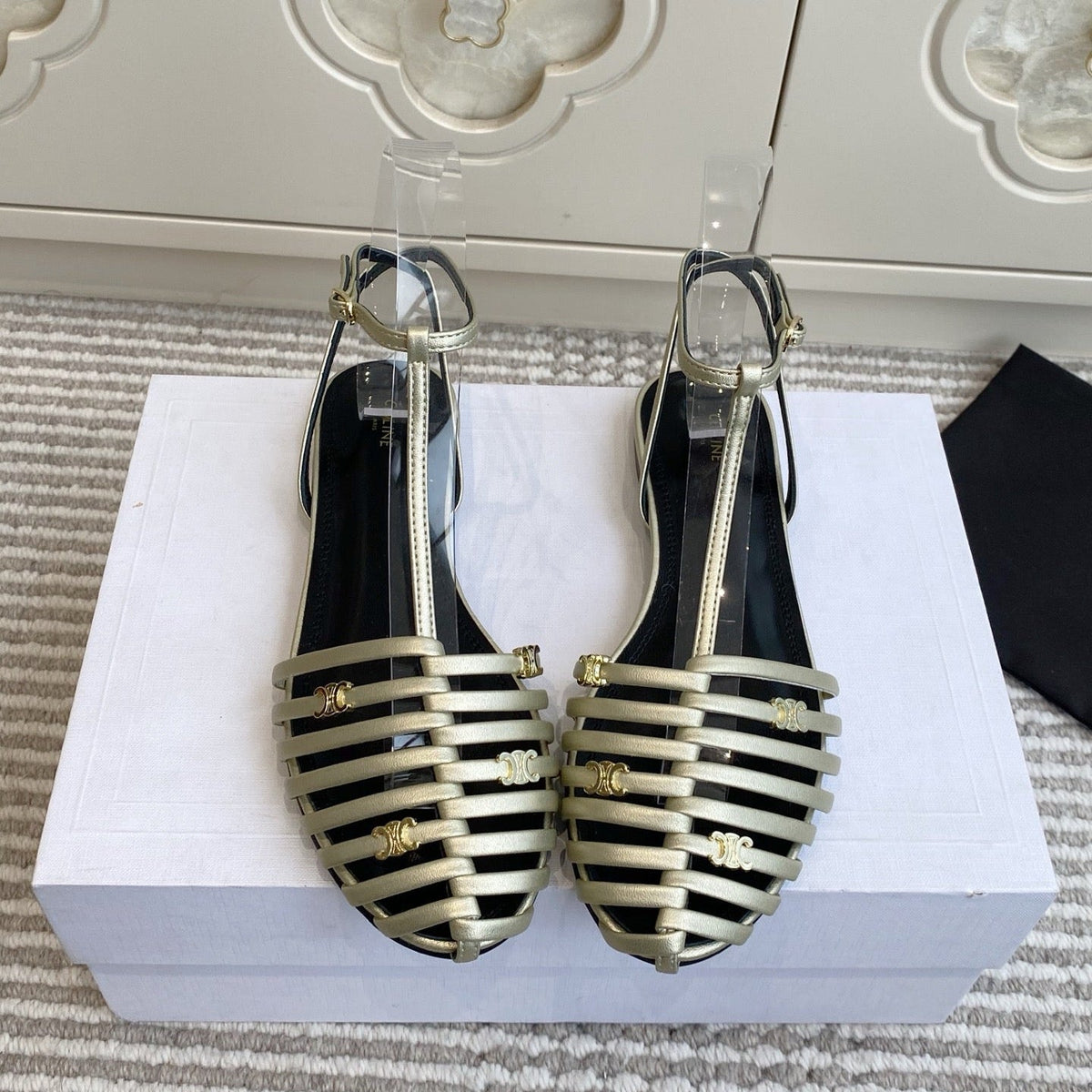 Celine 26s Clea Triomphe Gladiator Sandals Champagne Gold Lambskin 735106