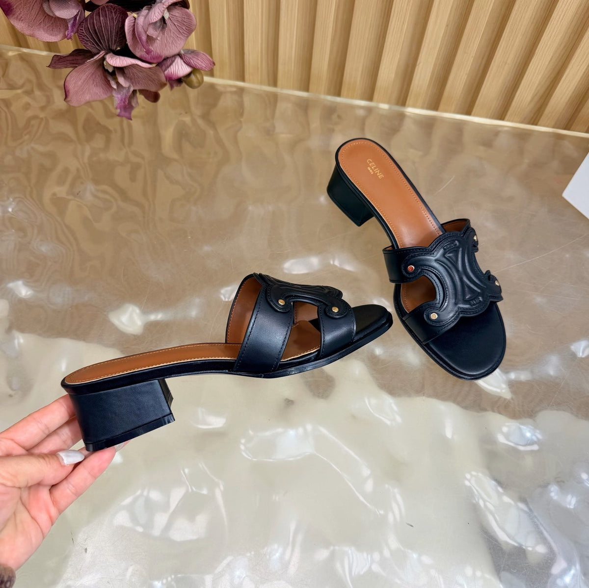 Celine 26s Triomphe Block Heel Mules In Navy Black Calfskin