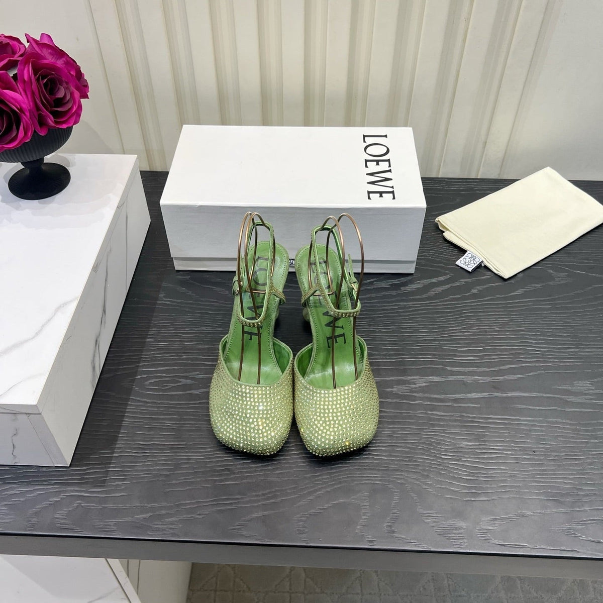Loewe 26S Embellished High Heels 60 mm In Green Calfskin