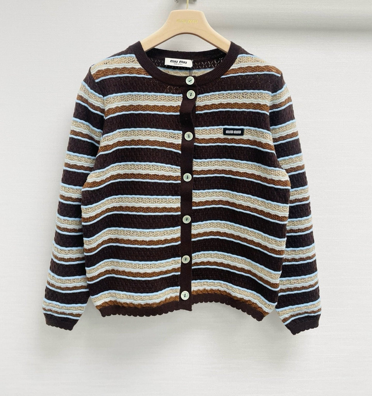 Miu 26FW Crewneck Cardigan Contrast Stripe Patch Logo Wool 446704