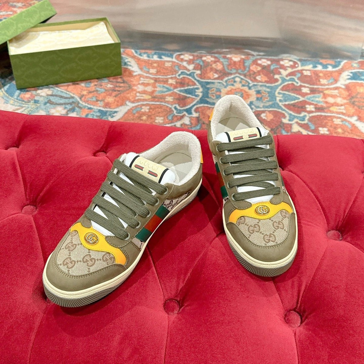 GG 26s Screener Sneaker Olive Green Suede And Beige Canvas