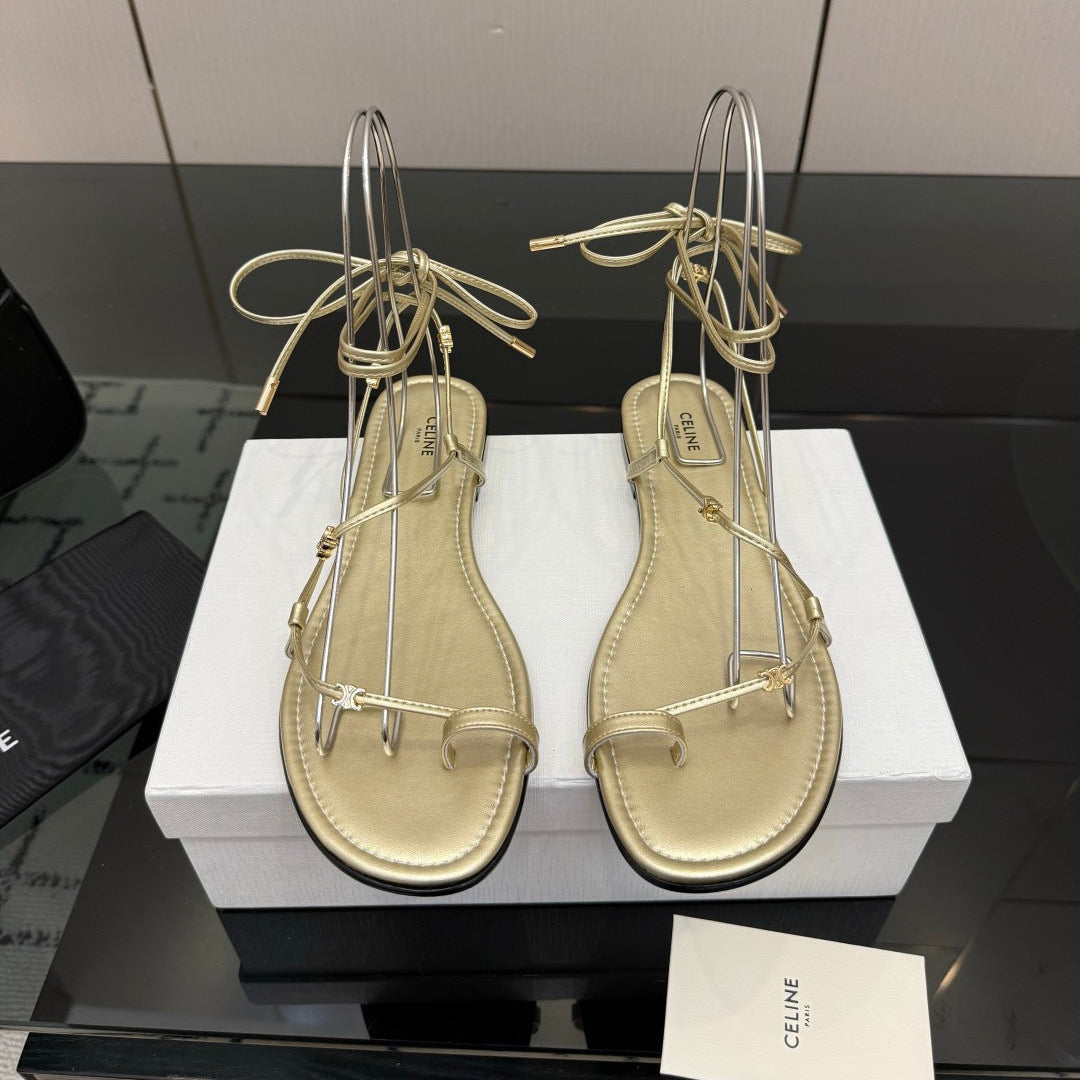 Celine 26s Triomphe Lace Up Flat Sandals Gold Calfskin 538194