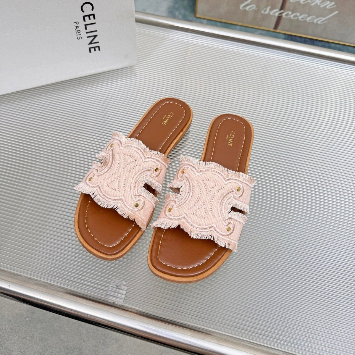 Celine 26s Triomphe Slide Sandals Blush Pink Canvas 831429