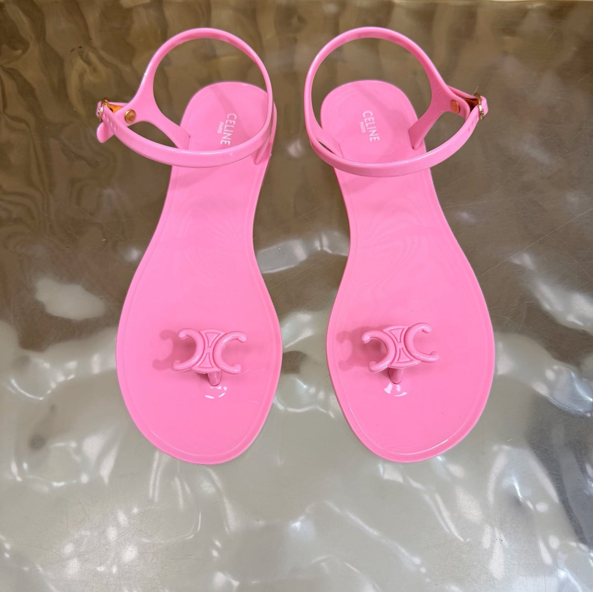 Celine 26s Triomphe Jelly Thong Sandals Pink TPU Gold Hardware 472195