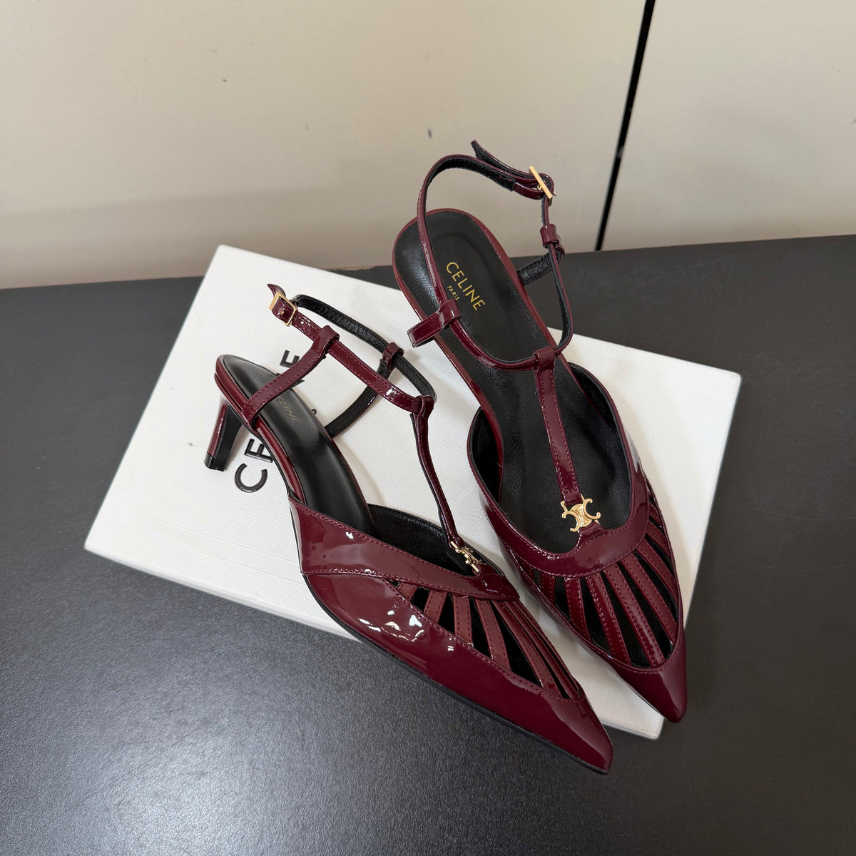 Celine 26s Triomphe T-Strap Slingback Pumps In Burgundy Red Patent Calfskin