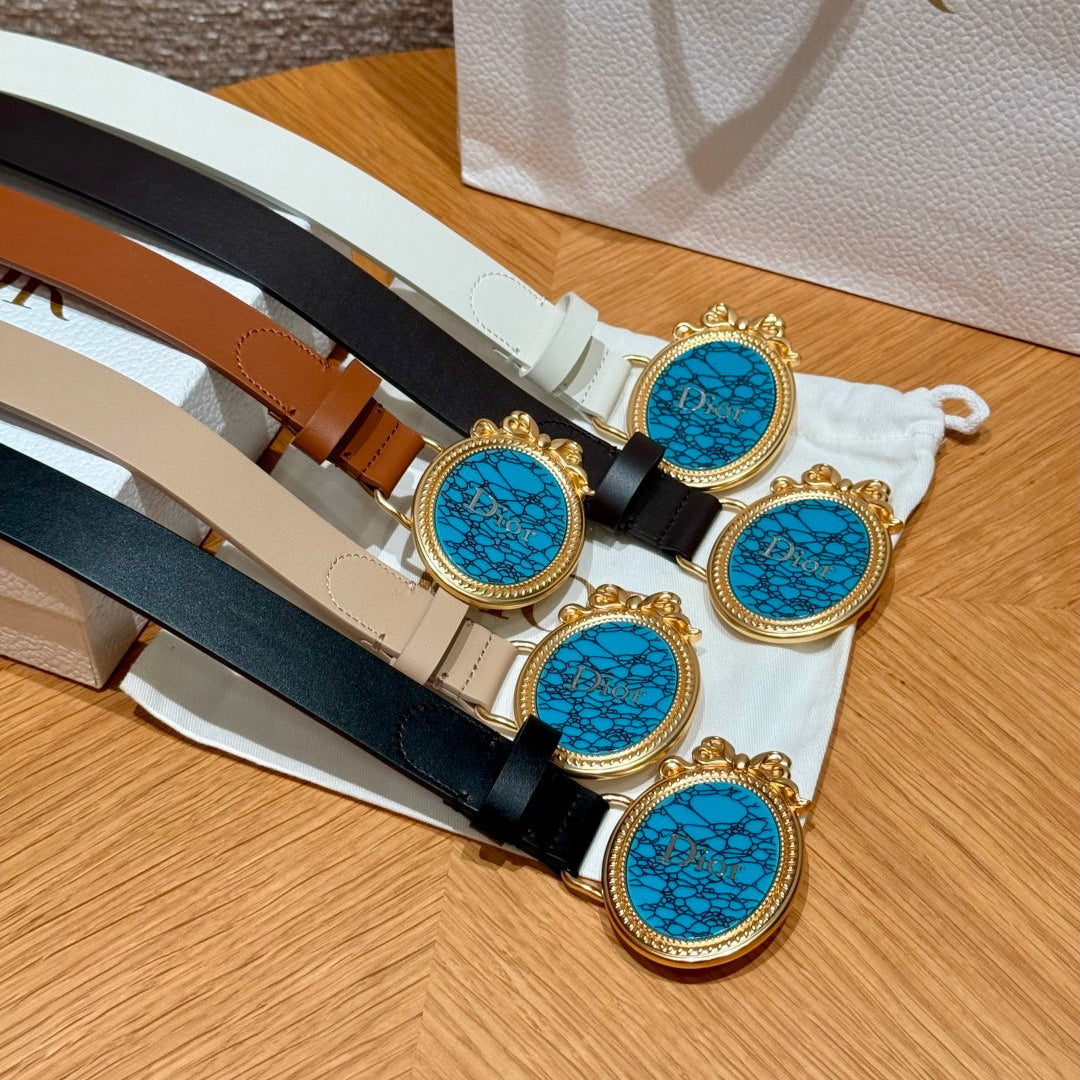 CD 26FW Medaillon Belt 2.5cm Turquoise-Effect Buckle Beige Calfskin 220648