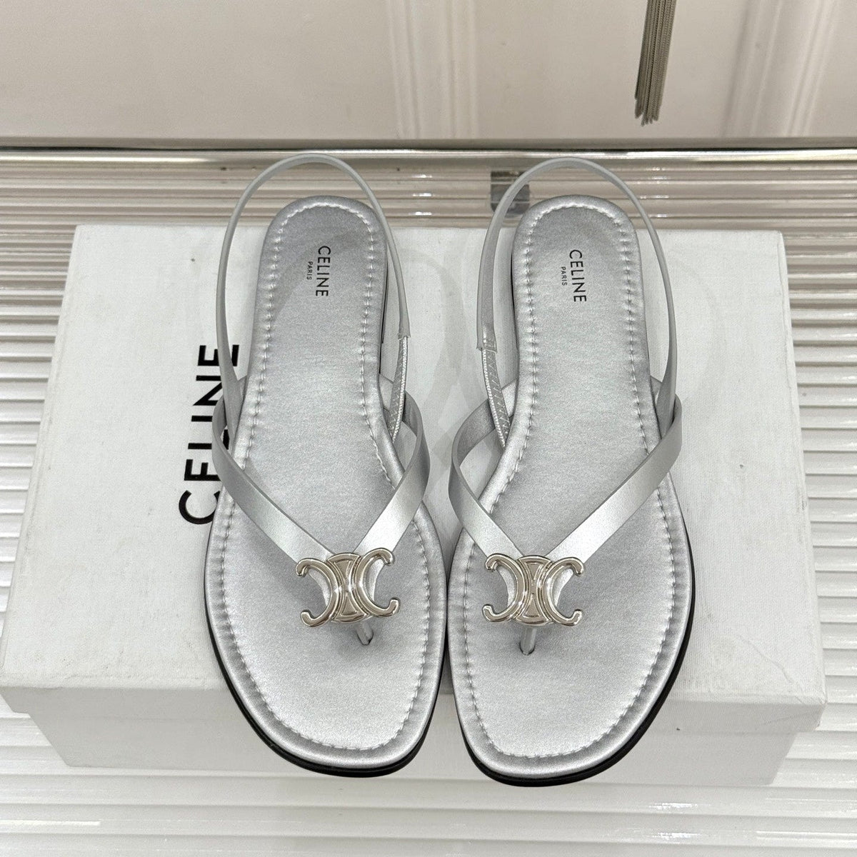 Celine 26s Thong Sandals Silver Calfskin 416283