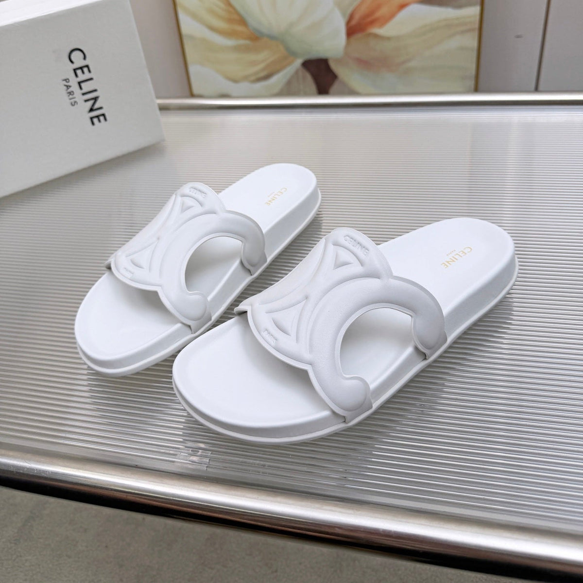Celine 26s Triomphe Slides White Calfskin 843921