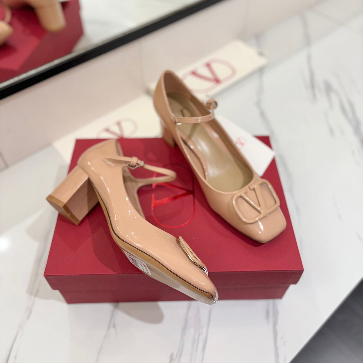 Valentino 26S Mary Jane Heels 6cm In Nude Patent Calfskin
