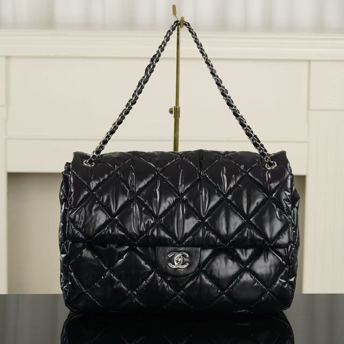 CC 26FW Coco Neige Maxi Flap Bag 38cm Black Glossy Nylon