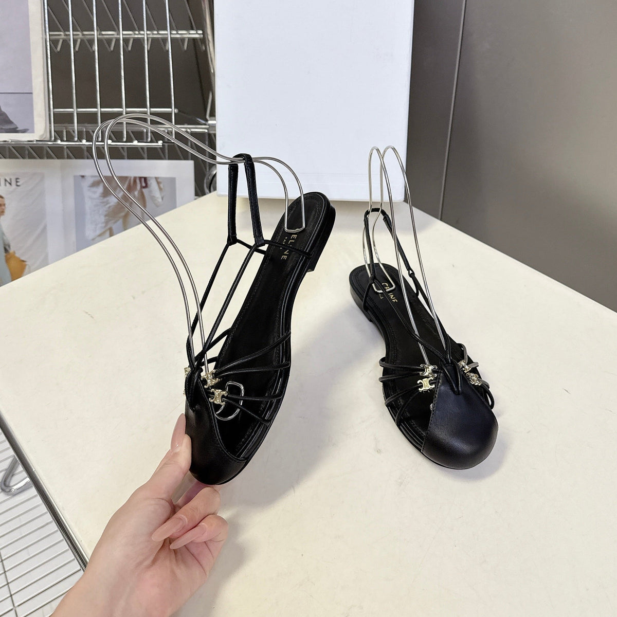 Celine 26s Triomphe Lace Up Ankle Strap Flat Sandals Black Calfskin 416952