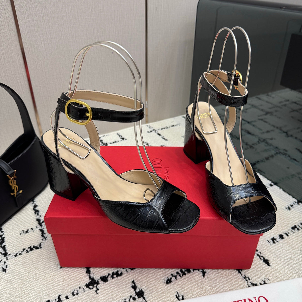 Valentino 26S Square Toe Ankle Strap Sandals In Black Croc-Embossed Leather