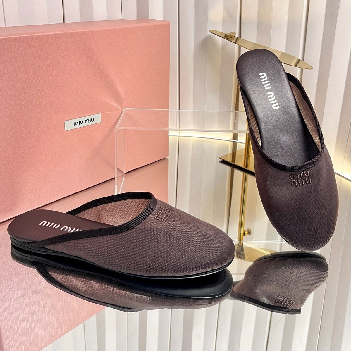Miumiu 26S Flat Mules Chocolate Brown Fabric And Leather