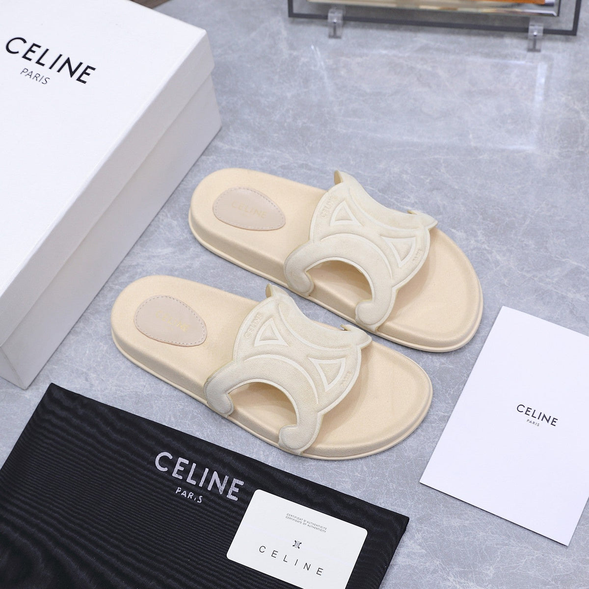 Celine 26s Triomphe Slides Cream White Suede 247058